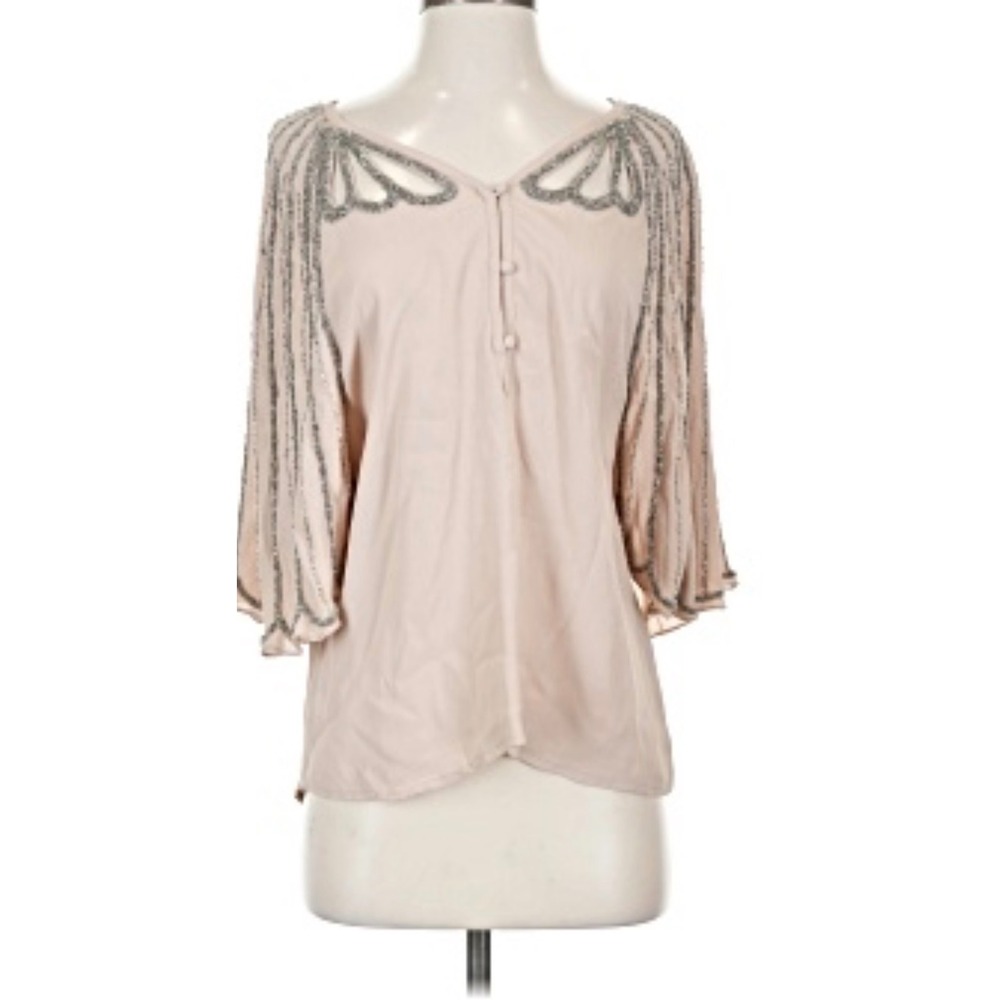 Boyod Blush Pink‎ Beaded Flutter Sleeve Blouse Silver Embellished Top Size s
